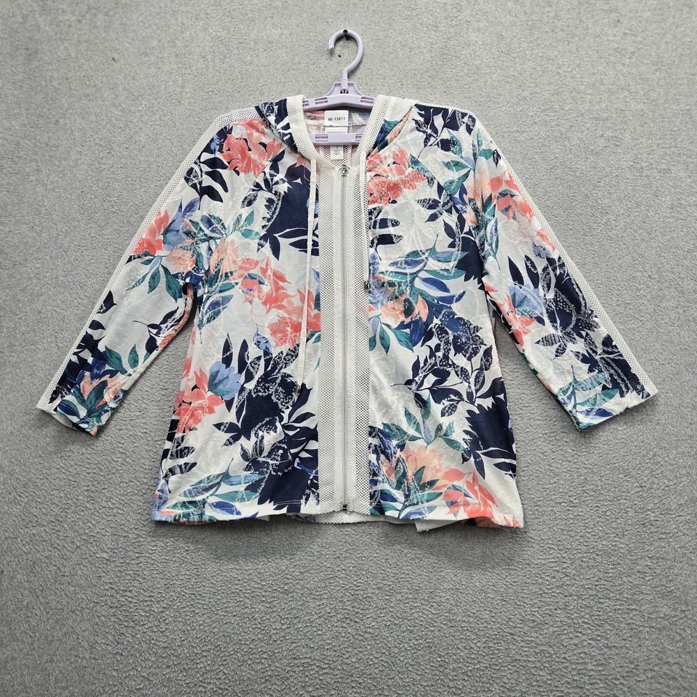 Chico's Women Jacket 1 White Floral Activewear Mesh Hooded Zipper 3/4 Sleeve